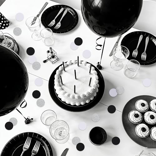 Image of 200Pcs Glitter Black White Silver Table confetti,Paper Circle Dots Confetti for Birthday Party Halloween Bachelorette Wedding Baby Shower Graduation Decorations