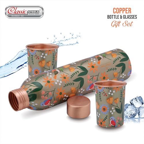 Image of Classic Steels Elegant Ethnic Green Copper Water Bottle Set with 2 Glasses - 1L Capacity | Best Gift For Diwali, Wedding Anniversary And All Other Occasions. (Forest Green Copper Bottle Set)