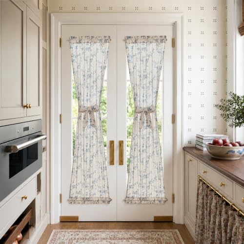 Image of jinchan Blue Linen Floral French Door Curtains 72 Inch Rod Pocket 2 Panels