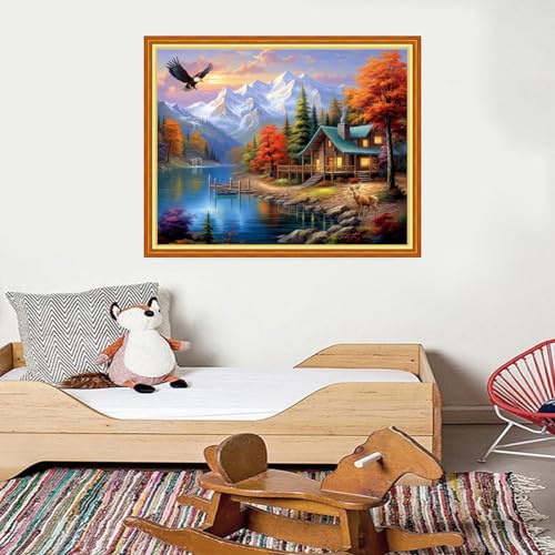 Image of Foxdiviy Stamped Cross Stitch Kits for Beginners Full Range of Cross Stitching 11 CT Printed Cross Stitch Kits for Adults Cross Stitch Patterns Needlepoint Kits-Lakeside Scenery 16x20 inch