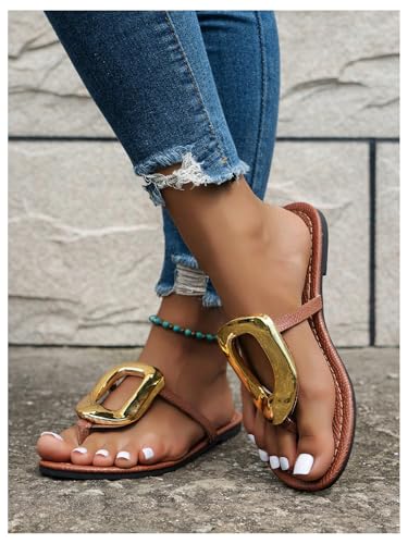 Image of GORGLITTER Women's Gold Flip Flops Square Toe Summer Sandals 2026 Wedding Dressy Vacation Beach Slides Shoes