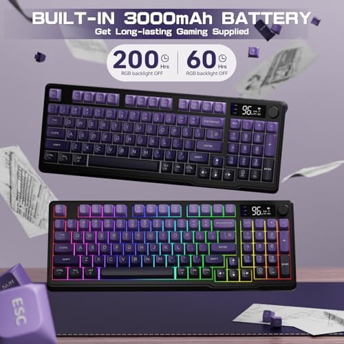 LexonElec M96 Wireless Keyboard, Low Profile Quiet Typing Membrane Gaming Keyboard with Smart Display & Knob, RGB Backlit, USB C Rechargeable, 94 Keys PBT Keycap for Windows PC,Mac,Linux-Grape Purple - 5
