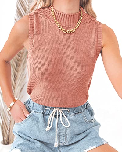 Image of Rilista Women Summer Knit Tank Tops Sleeveless Turtleneck Cami Shirts Ribbed Mock Neck Pullover Sweater Vests