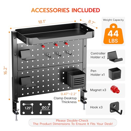 Image of ARES WING Desk Clamp On Pegboard with 16 inches Organizer Shelf, Adjustable Above or Under Desk Storage Shelf Holds 44 lbs, Magnetic Metal Peg Board for Office and Gaming Accessories, Black