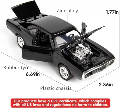 Image of WORSHIPER 1:32 Dodge Challenger SRT Exclusive Alloy Metal Pull Back Die-cast Car Model with Sound Light Mini Auto Toy for Kids for Toy Car with Sound and Light (1:32 Dodge Charger F & F7 - Black)