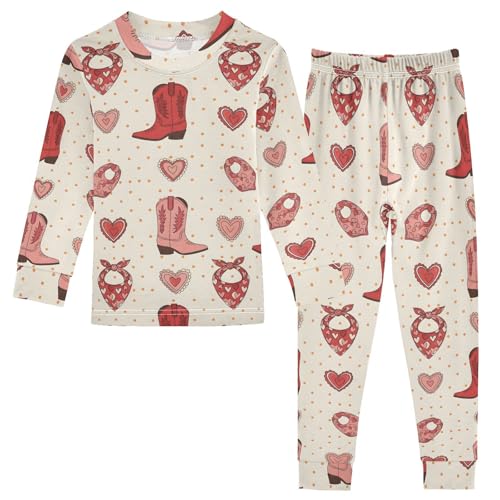 Pajama Sets Long Sleeve Cowboy Boots Hearts Pattern Soft Comfy Sleepwear 2 Piece PJS 3-8T