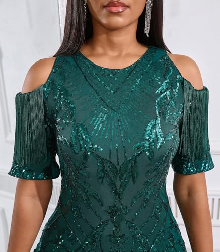 Image of Cololura Sexy Elegant Women Sequin Long Sleeve Tassel Bodycon Midi Dress Party Evening Gown Formal Dress