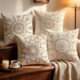 OBSEDE Golden Mandala Decorative Throw Pillow Covers 18x18 Inches Set of 4, Faux Linen Printed Cushion Covers for Couch Sofa Living Room Bedroom Home Decor