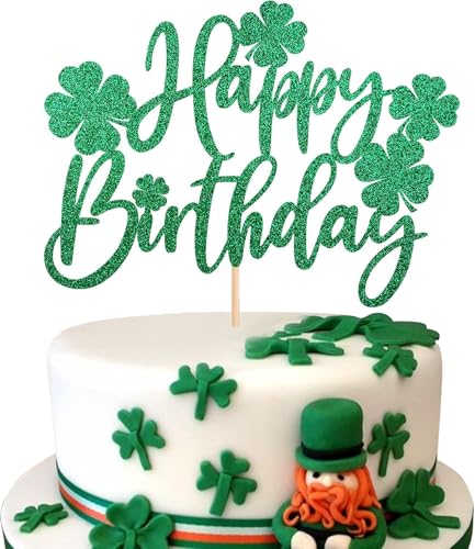 1 Stück Happy Birthday Day Tortendeko Glitter St.Patrick's Day Thema Cake Topper Blatt Lucky Four Kuchen Deko für St.Patrick's Day Thema Kinder Geburtstag Party Kuchen Dekoration Grün