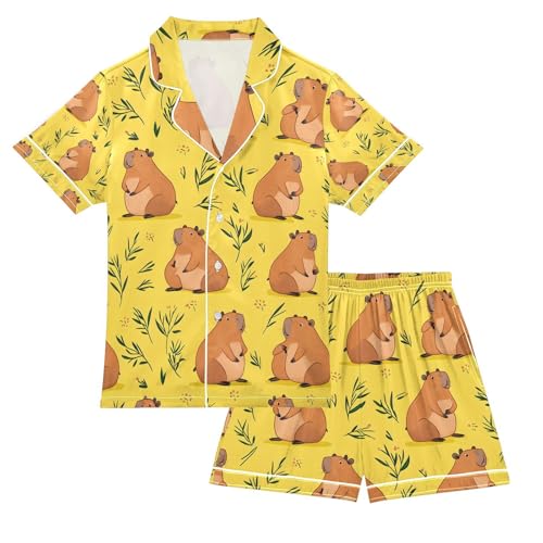 senya Cartoon Capybaras Grass Yellow Satin Summer Pajama Sets Silk Short Sleeve Button Down Sleepwear