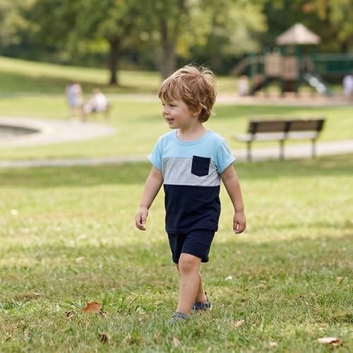 Image of Toddler Boy Clothes Baby Summer Outfit Patchwork Tee Shorts 12M-4T | Soft Patchwork Tee, Pocket Shorts With Stretch Waistband, Breathable For Summer Play, Machine Washable