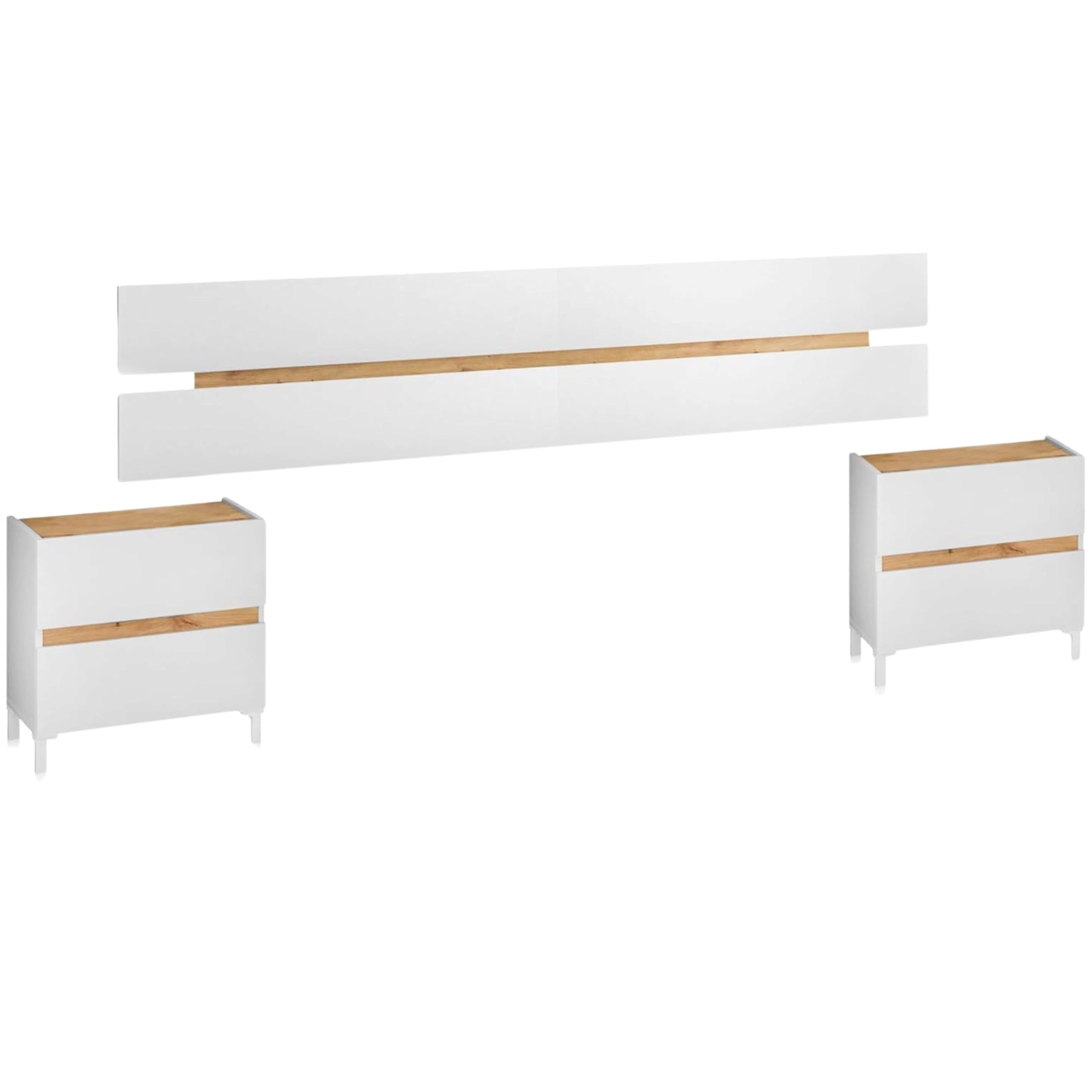 Habitdesign Cabezal + 2 Mesitas y 4 Cajones, 255x100x34 (AnchoxAltoxFondo-en cm), Color Blanco Artik y Roble Nodi, Modelo Tempus