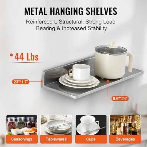 vevor 8634 x 2434 -2pack stainless steel shelf wall mounted floating shelving with backsplash 44 lbs load capacity commercial shelves heavy duty storage rack for restaurant kitchen bar home