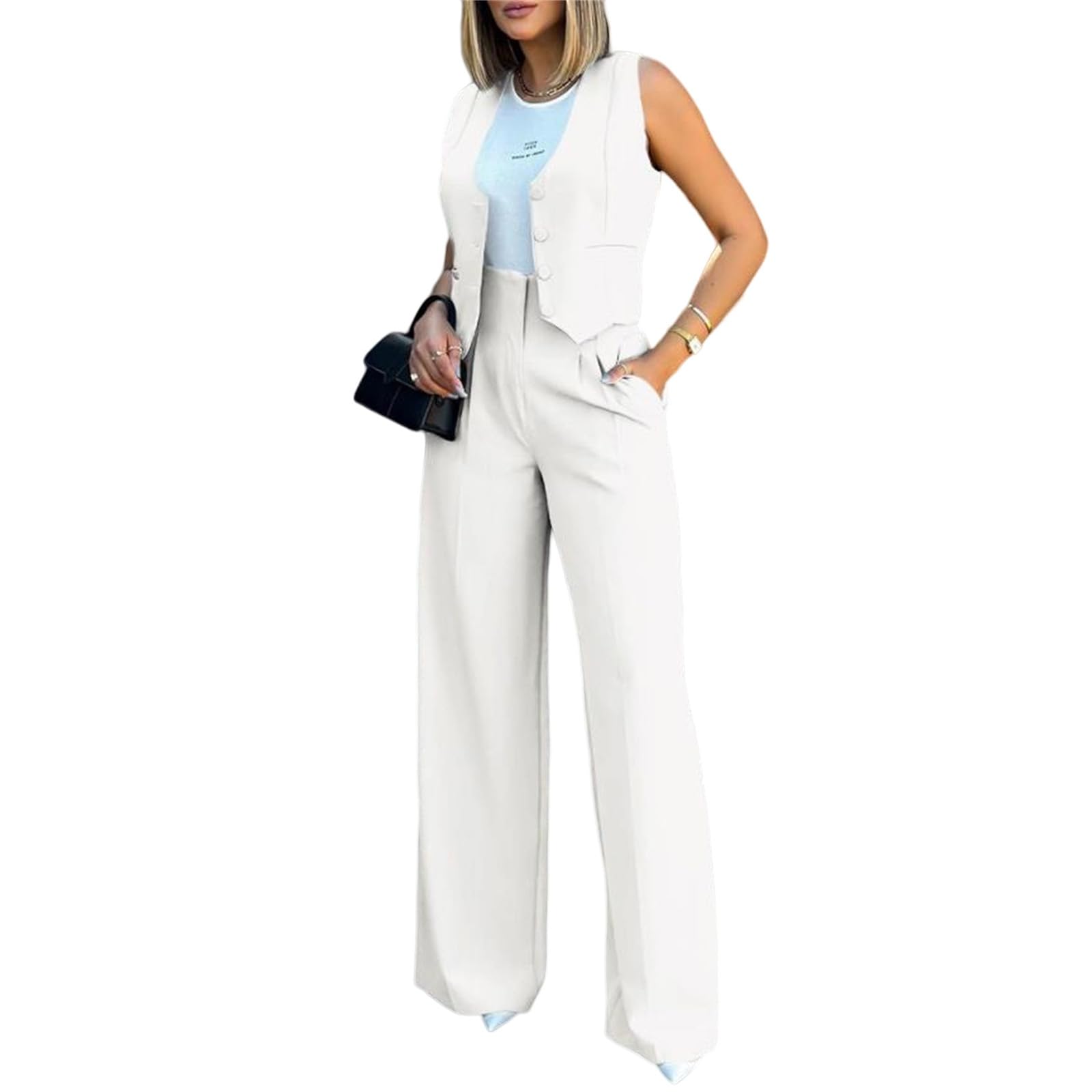 Elegant & Casual Women's Fashionable Blazer Vest & Wide-Leg Pants Set - Stylish & Comfortable for Daily Wear