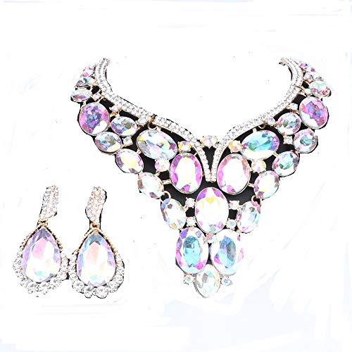 Women Bridal Rhinestone Crystal Statement Necklace Earring Wedding Dress Jewelry Sets (Ab) #TOP6