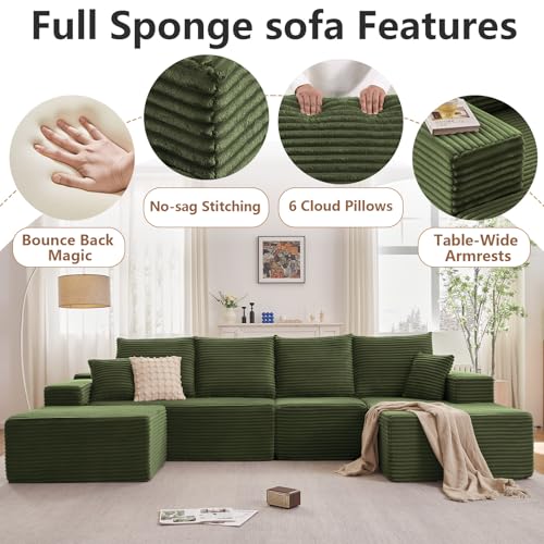 Image of 135.4 inchModular Sectional Sofa, Boneless Couch U-Shaped Sofa for Living Room | Cloud Couch Sectional with Ottoman, 4 Seater Deep Seat Memory Foam Compressed Sofa, No Assembly, Right-Facing Chaise, Green