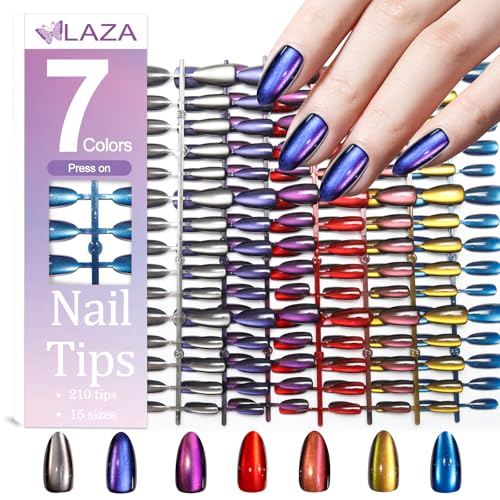 Laza 210pcs Cat Eye Press on Nails Almond for Women 7 Colors Reusable Nail Tips in 15 Sizes Long Lasting Salon Fake Nails Stick on Artificial Acrylic False...