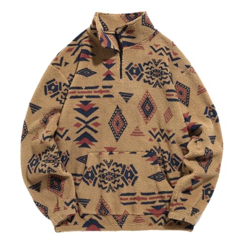Image of ZAFUL Men 1 /4 Zipper Ethnic Aztec Fleece Unisex Winter Sweatshirt Tops 2026 | Funnel Neck Fluffy Polar Fleece Faux Sherpa Soft Thermal Pullover Kangaroo Pocket Jacket Hoodie Tops
