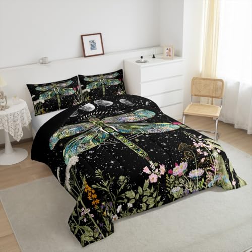 Image of Wildflower Dragonfly Bedding Set Inner Fill for Boys Girl Twin,Moon Phase Botanical BKids Comforter Vintage Plant Nature Blossom Leaf Floral Garden Herbs Leaves Comforter Set,Bohemian Quilt Set Decor