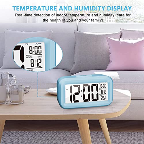 Image of Upgraded Digital Alarm Clock, 4.3 inch LED Display with Temperature Larger Lound Light Control Portable Snooze Calendar Brightness with Battery Powered Alarm Clocks Bedside for Everyone (Blue)