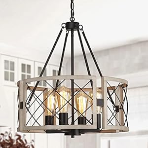 D19'' Farmhouse Chandelier, 4-Light Adjustable Dining Room Light Fixture Kitchen Island Lighting, Rustic Hanging Lights for Entryway Foyer Bedroom Living Room, Black & White Oak D19 Farmhouse Chandelier 4 Light Adjustable Dining Room Light Fixture Kitchen Island Lighting Rustic Hanging Lights for Entryway Foyer Bedroom Living Room Black White Oak