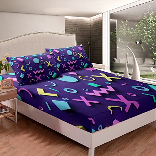 Retro 80S Style Fitted Sheet Twin,Abstract Geometric Pattern Bedding Sets Urban Modern Circles And Triangle Bed Sheets Colorful Pop Art Inspired Pattern Bedding Decor Set For Boys Child #TOP1