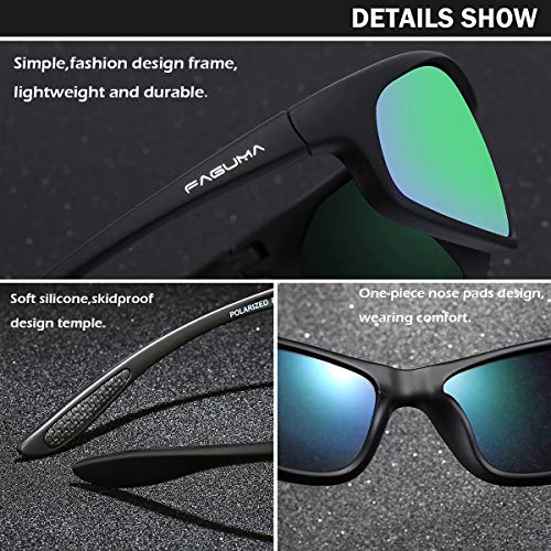 Image of FAGUMA Polarized Sports Sunglasses For Men Cycling Driving Fishing UV400 Protection, Matte Black Frame /Green Mirrored Lens, Standard