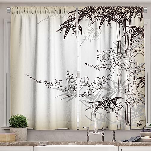 Ambesonne Kitchen Decor Collection, Japanese Art Traditional Asian Style Bamboo And Sakura Tree Zen Design Window Curtains  2 Panels, 55X39 Inches, White Black #TOP4