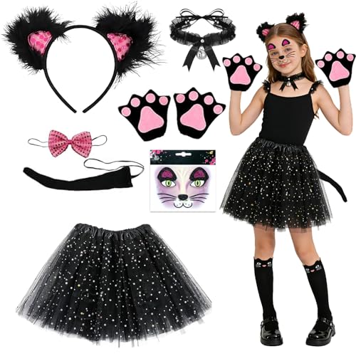 Katzen Kostüm Mädchen, Kostüm Katze Mädchen, Faschingskostüme Katze mit Tüllrock Haarreif Schleif Fliege Glockenhalsband Katzenschwanz Handschuhe Karneval Fasching Cosplay Party Dekoration Accessoires
