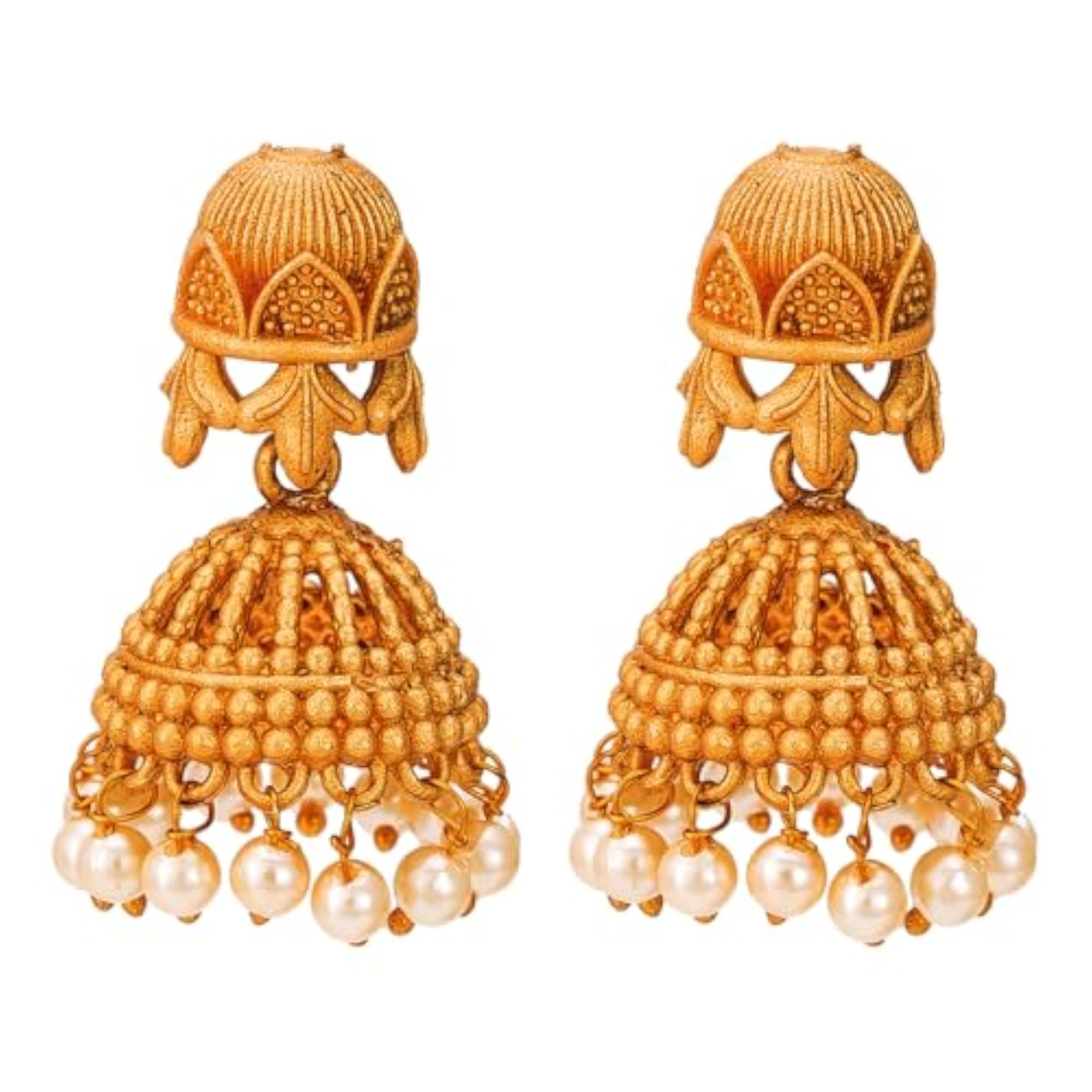Women's Gold Plated White Beaded Temple Jewellery Necklace Set