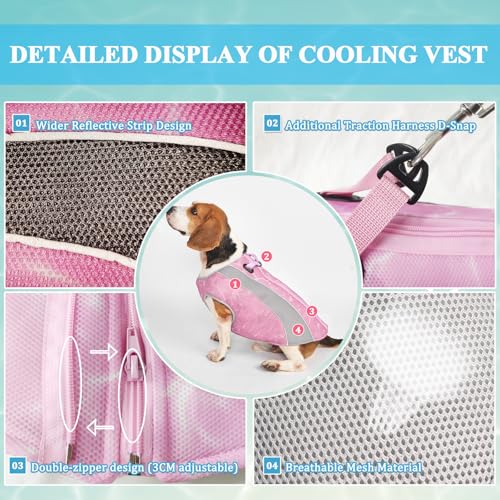 Hundekühlweste, reflektierendes Geschirr Kühljacke mit verstellbarem Reißverschluss, Titan-D-Ringen und atmungsaktiver Leichter Kühlweste für Outdoor-Jagd, Training und Camping (Rosa, L)