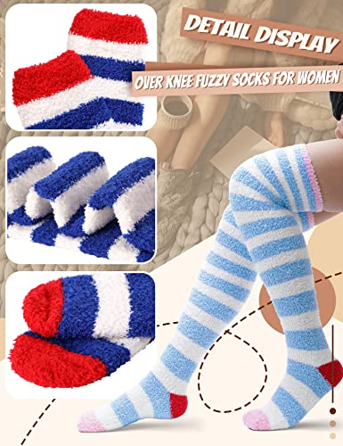 Image of MOGGEI Womens Thigh High Fuzzy Socks Warm Winter Over Knee High Long Striped Fluffy Cozy Fleece Socks 2 Pairs
