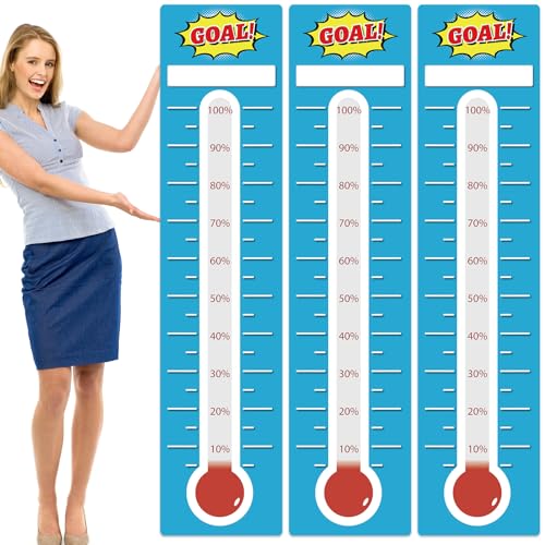 Gersoniel 3 Pcs Fundraising Thermometer Goal Charts 11" x 46.5" Dry Erase Goal Trackers Chart Thermometer Setting Wall Poster Vinyl Sticker Chart for Home Office(Blue)