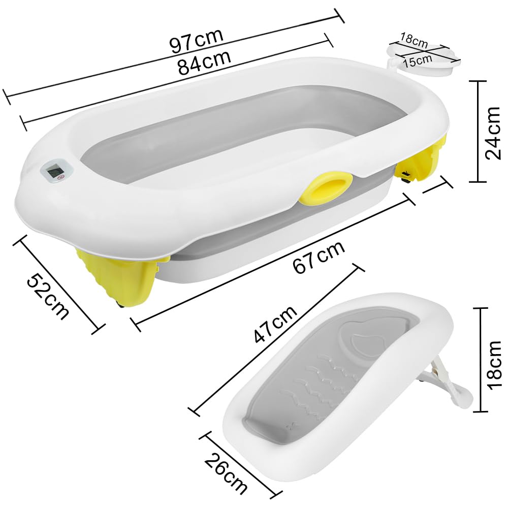 Bañera de bebé plegable con termómetro incorporado, que incluye soporte de baño y gorro de champú, fácil de limpiar, adecuado para su uso en la ducha y en el baño (gris)