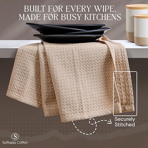 Image of Beige Kitchen Dish Towels Set of 4-100% Cotton Waffle Weave, Super Absorbent, Soft, Quick Drying, 16x26 Inches, Ideal for Cleaning, Bar, Tea, and Everyday Use, Tan