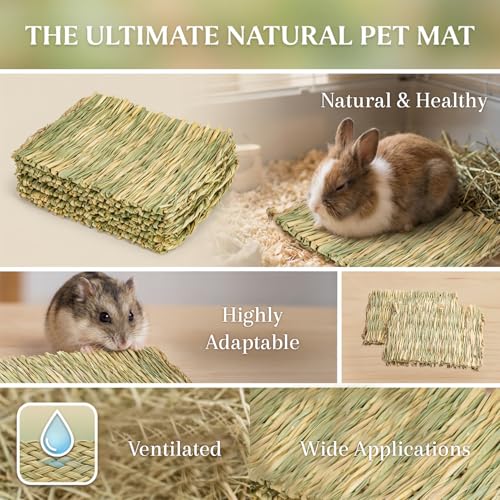 Sukh Natural Rabbit Grass Mats - Woven Hay Bed Cage Mats, Pet Bedding & Cooling Nesting Toys for Bunny, Hamster, Chinchilla, Guinea Pig and Other Small Animals 2PCS - Image 4