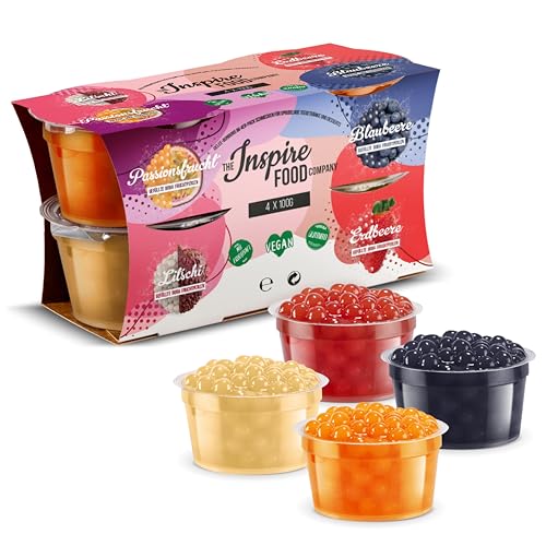 INSPIRE FOOD - Mix Perle Bubble Tea - 4 Confezioni Popping Boba |Fragola, Frutto della Passione, Mirtillo & Litchi | 100% Vegano, Senza Glutine, Senza Coloranti Artificiali, 100g ciascuna