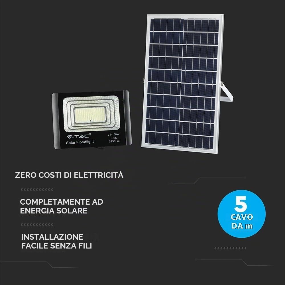 Faro LED 100W con Pannello Solare e Telecomando 4000K