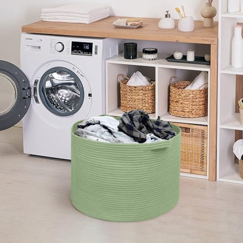 Image of MEGASKET Extra Large Green Basket, 22 inch X 22 inch X 14 inch Woven Cotton Rope Baskets for Blankets, Nursery Laundry Basket, Cute Kids Toy Storage Bin, Green Living Room Bedroom Decor Baskets for Organizing