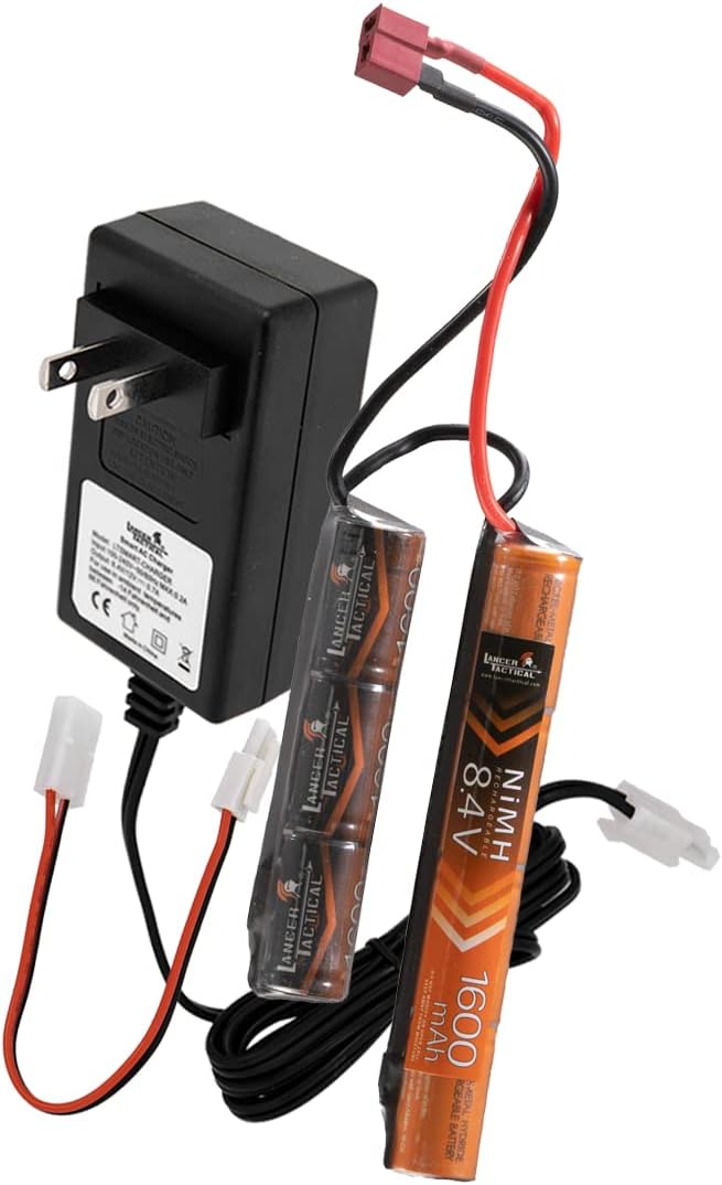 Lancer Tactical 8.4v Nunchuck Nimh Battery Pack with Smart Charger, 8.4v 1600 mAh Dean Connector with Compact Smart Charger
