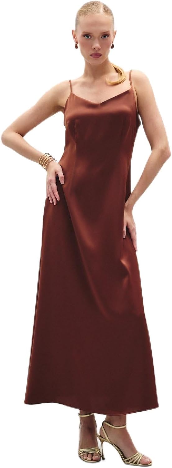 Sateen Askılı Uzun Saten Elbise, 40, STN139KEL1852, Kahve, Kadın