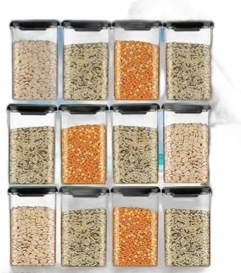 High Quality Unbreakable Aire Tight Square Shape 1100ml Kitchen Storage Container, Food Storage Container, Cereal Dispenser, Snacks Container, Plastic Grocery Container (Set Of-12 - Black| Kitchen 69