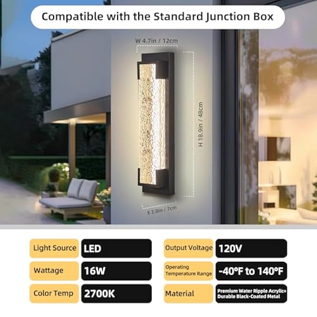 Hyunbae Outdoor Wall Light, 18.9 Large LED Modern Outdoor Wall Sconce, Waterproof Exterior Lighting Fixture with Acrylic Water Ripple Lamp 2700K Outdoor Porch Lights for House, Garage Dimmable