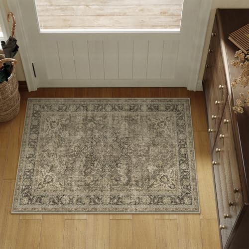 2x3 Washable Brown Vintage Area Rug for Entryway Non-Slip Low Pile Traditional Carpet Retro Distressed Soft Thin Door Mat Small Accent Throw Rug for Kitchen Entrance Bathroom