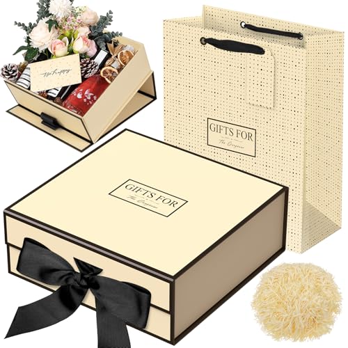 JiaWei ギフトボックス 蓋付き 磁気，ギフトバッグリボン パッケージボックスセット，付き手提げ用，細断紙グリーティング 24 x 24 x 9.5cm, 高級プレゼントぼっくす 箱, 蝶結び 贈り物, プレゼントボックス, 結婚式, 花嫁介添人, パーティー (クリーム)