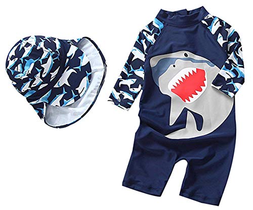 Baby Toddler Boys Girls One Piece Swimsuit Set Shark Bathing Suit Rash Guards Sunsuit with Hat UPF 50+ (6-9 Months)