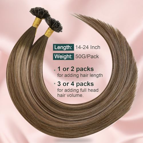 Image of Easyouth U Tips Hair Extensions Brown, Invisible Keratin Hair Extension | 14 Inch 50G 50S, U Tip Hair extension, Balayage Chocolate Brown Mix Caramel Blonde, Hot Fusion Hair, for Women