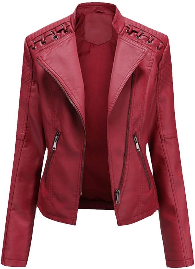KEHAIOO Turn-Down Collar PU Faux Leather Jackets Women Luxury Jacket Black Pink Red Biker Coat