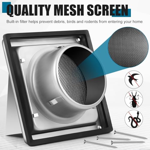Image of Gisafai 5 Inch Dryer Vent Cover Outdoor with Stainless Steel Screen Sliver Wall Dryer Exhaust Vent Cover External Cap Cushioned Non Return Flap with Sealing Gasket Grille, Bird /Insect Proof