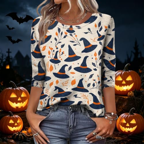 Image of Women Spooky Halloween Graphic Shirt 3 /4 Length Sleeve Crewneck Top | Halloween Funny Printed Pumpkin Plus Size Tshirts 2026 Fall Outfits Skeleton Tee Going Out Tops
